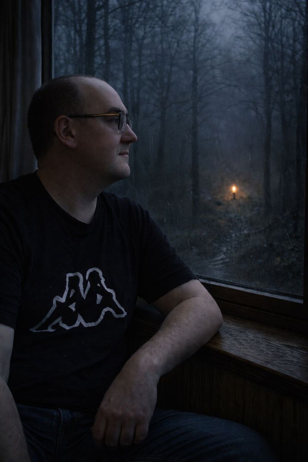 Mann sitzt am Fenster und blickt in einen düsteren Wald mit Kerzenlicht